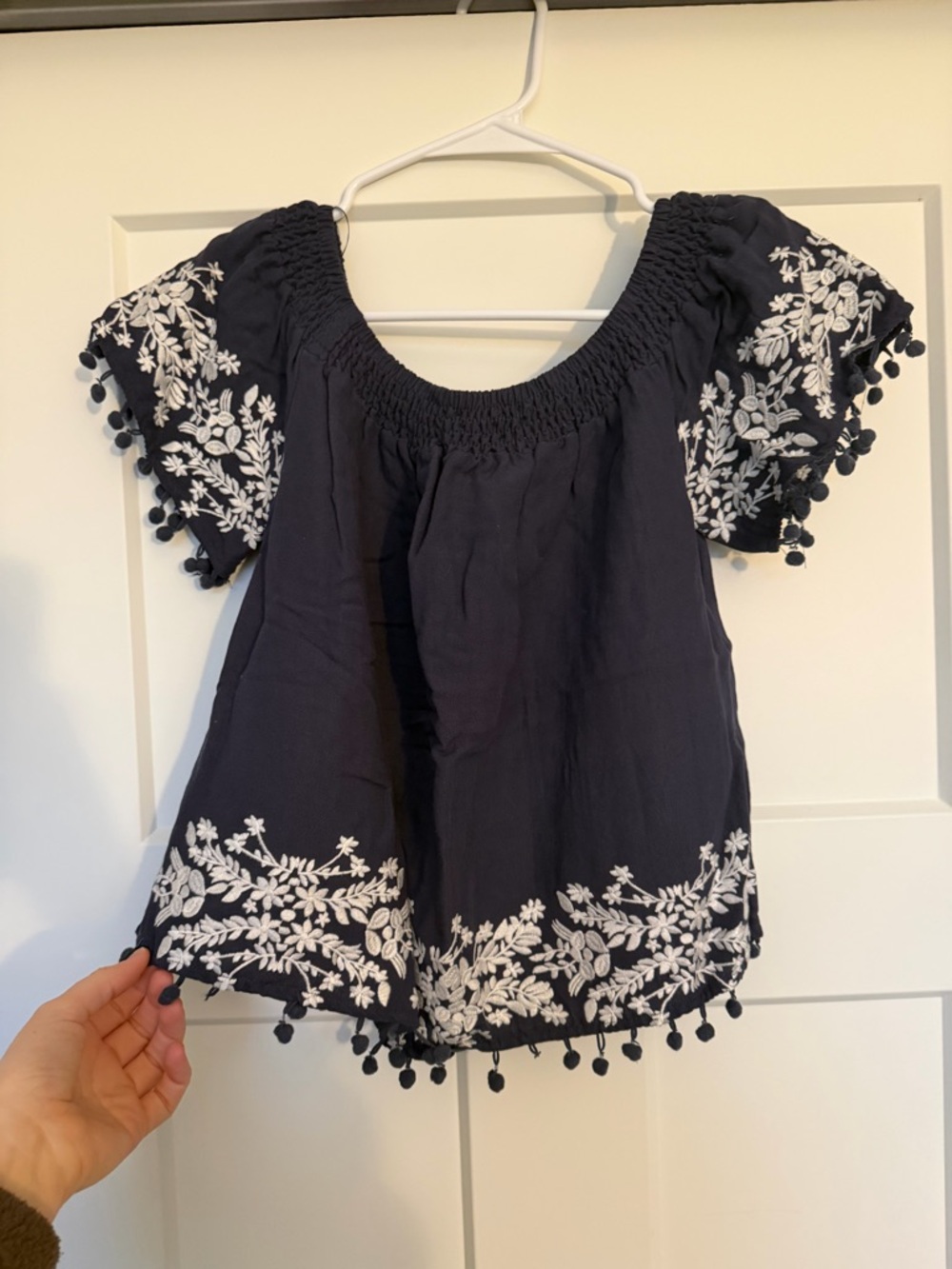 Francesca's Collections Navy Off-Shoulder Embroidered Blouse with Pom Trim